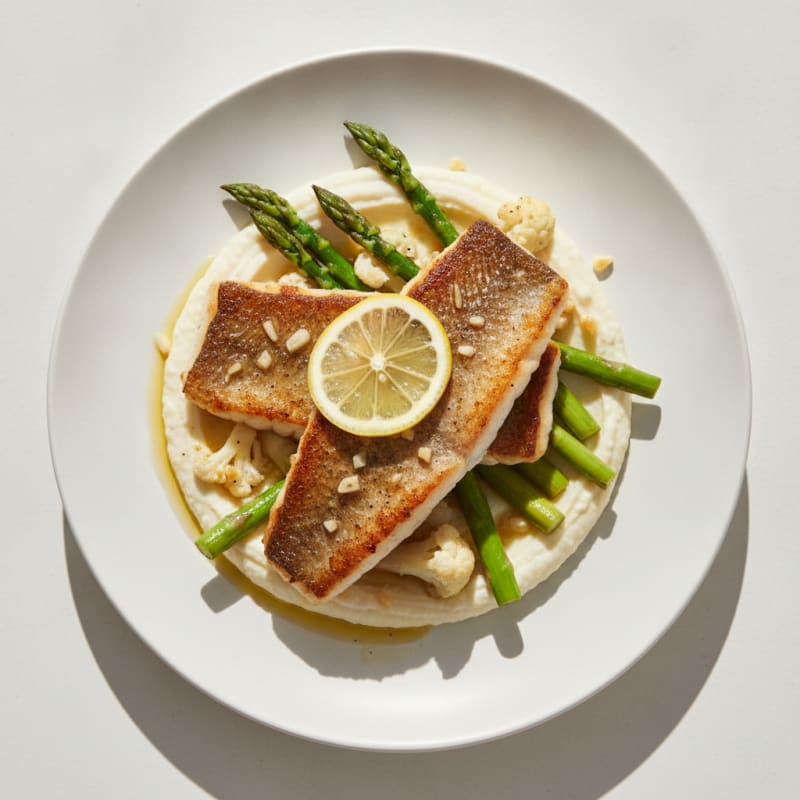 Seared Cod with Roasted Asparagus and Cauliflower Mash