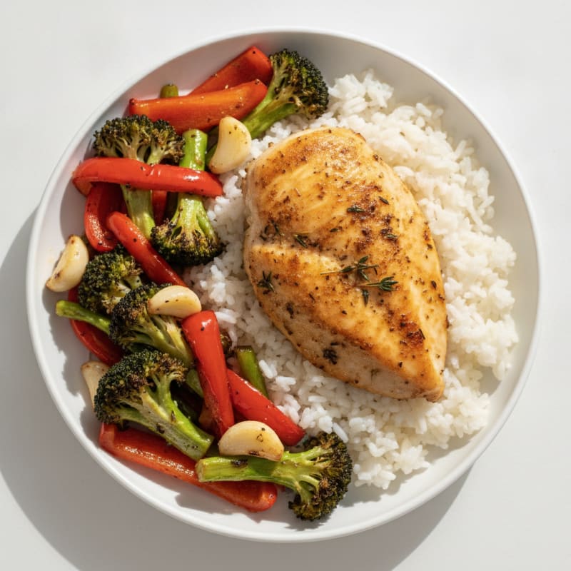 Herb-Roasted Chicken Breast with Roasted Vegetables and White Rice