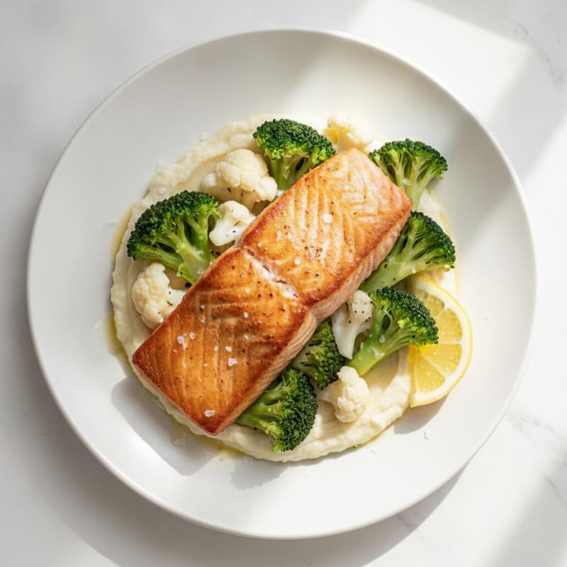 Seared Salmon with Steamed Broccoli and Cauliflower Mash