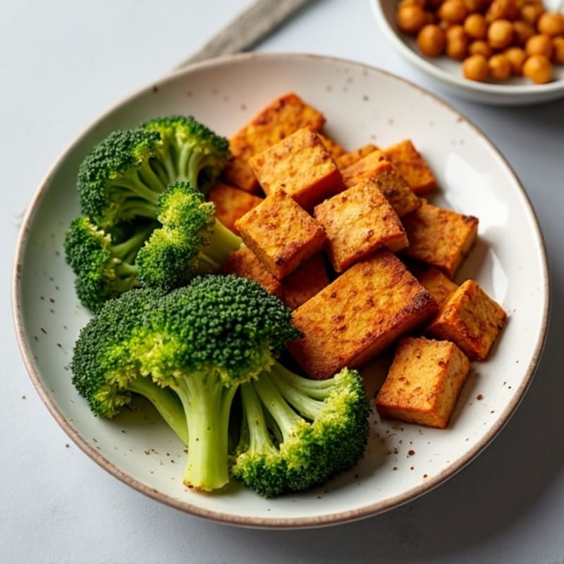 Crispy Baked Tofu with Roasted Broccoli and Chickpeas
