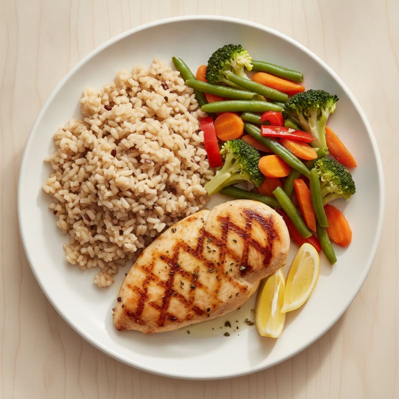 Grilled Chicken Breast with Brown Rice and Steamed Mixed Vegetables