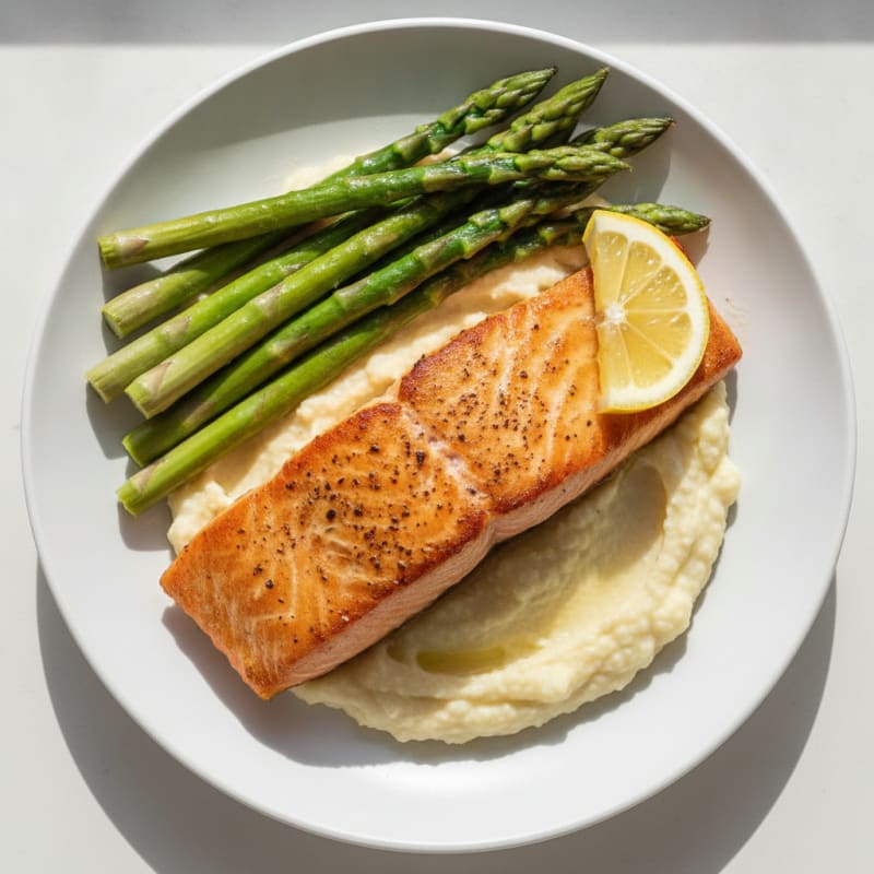 Seared Salmon with Steamed Asparagus and Cauliflower Mash