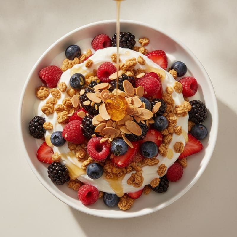 Greek Yogurt Parfait with Crunchy Almond Granola and Mixed Berries