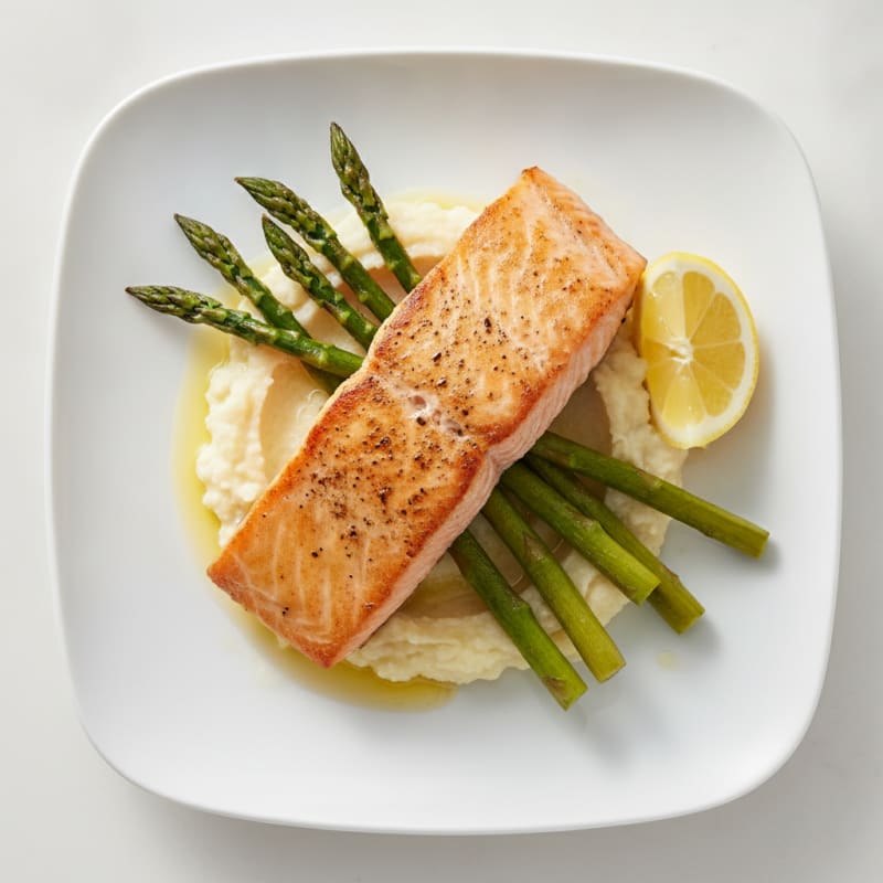 Seared Salmon Fillet with Asparagus and Cauliflower Mash