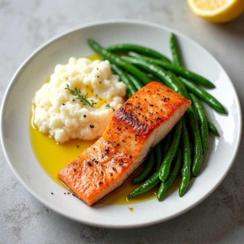 Seared Salmon with Garlic Green Beans and Cauliflower Mash