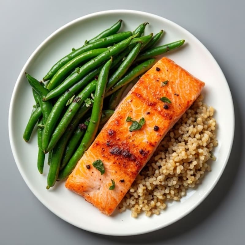Seared Salmon with Garlic Green Beans and Brown Rice