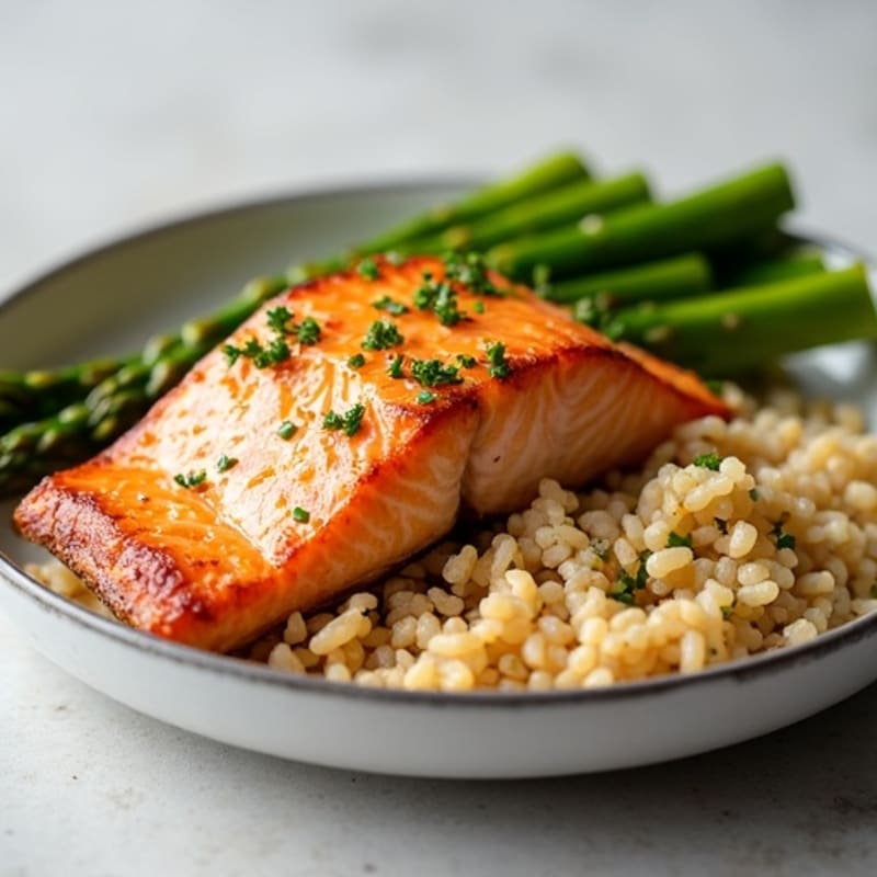 Seared Salmon Fillet with Steamed Asparagus and Brown Rice