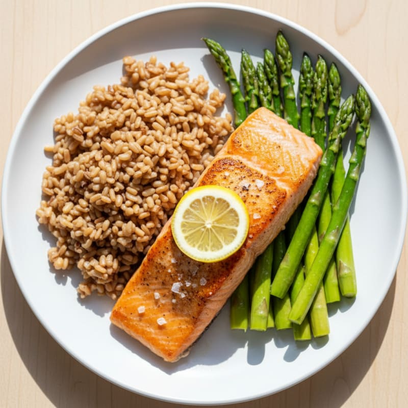Seared Salmon with Steamed Asparagus and Brown Rice