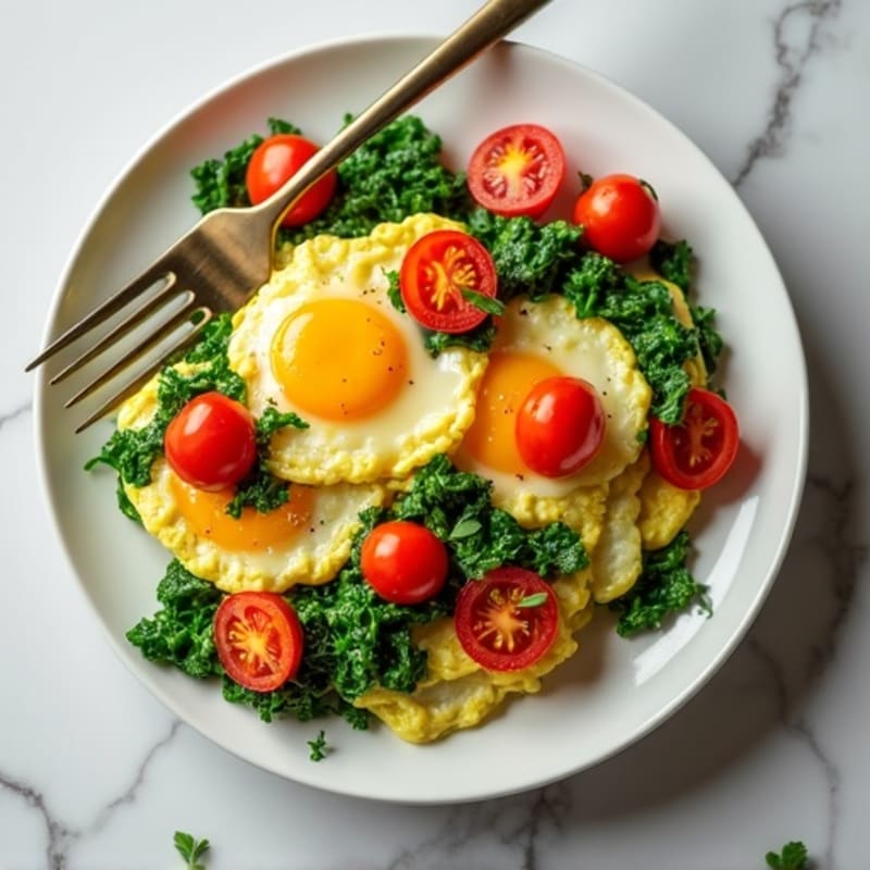 Fluffy Egg Scramble with Sautéed Spinach and Cherry Tomatoes