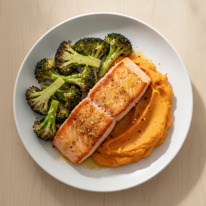Seared Salmon with Roasted Broccoli and Sweet Potato Mash