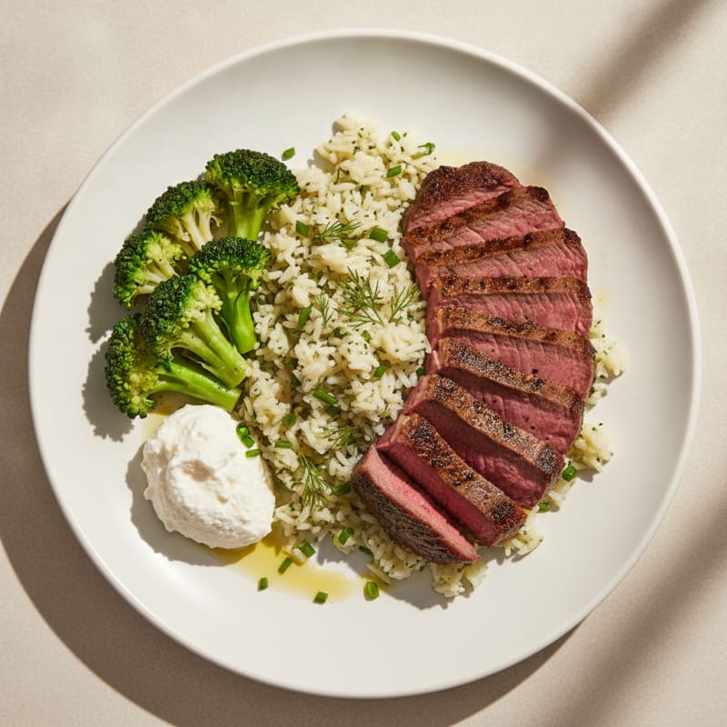 Seared Beef Steak with Herb Rice and Steamed Broccoli