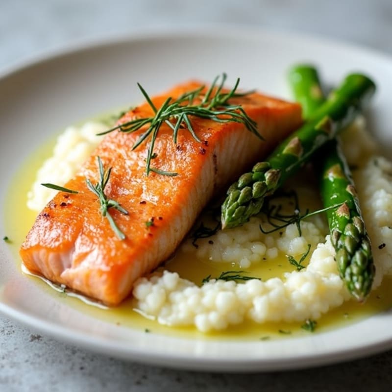 Seared Salmon with Roasted Asparagus and Cauliflower Mash
