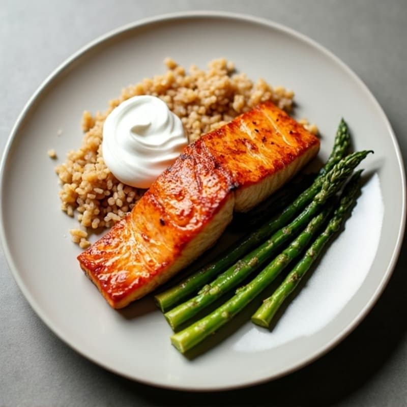 Seared Salmon Fillet with Steamed Asparagus and Brown Rice