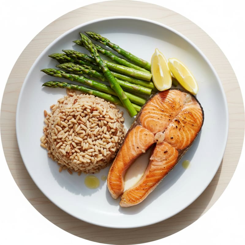 Seared Salmon Fillet with Steamed Asparagus and Brown Rice