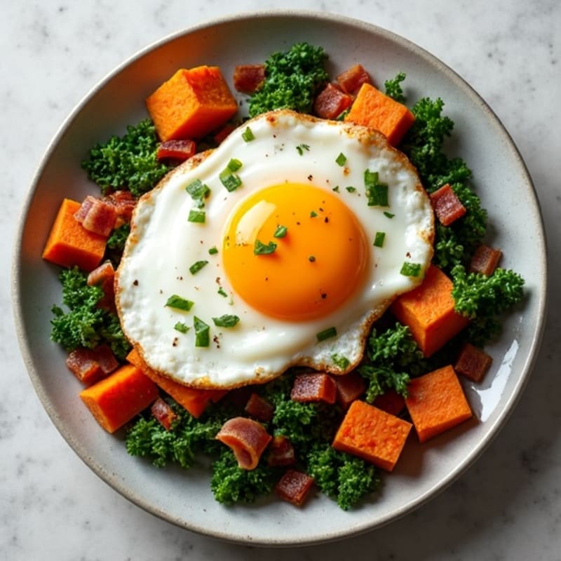 Sweet Potato and Kale Hash with Crispy Bacon and Fried Egg