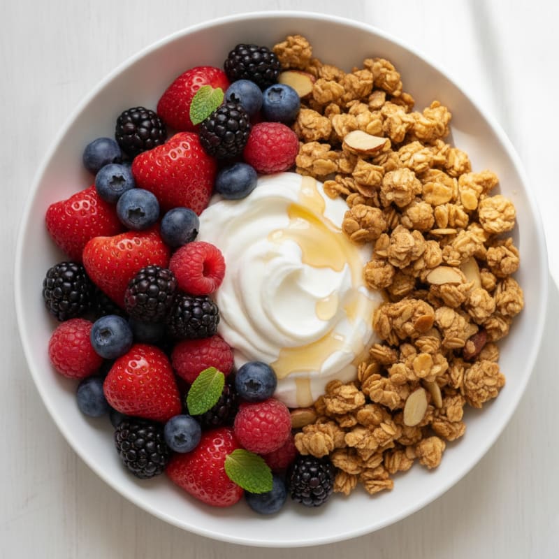 Creamy Greek Yogurt with Mixed Berries and Crunchy Almond Granola