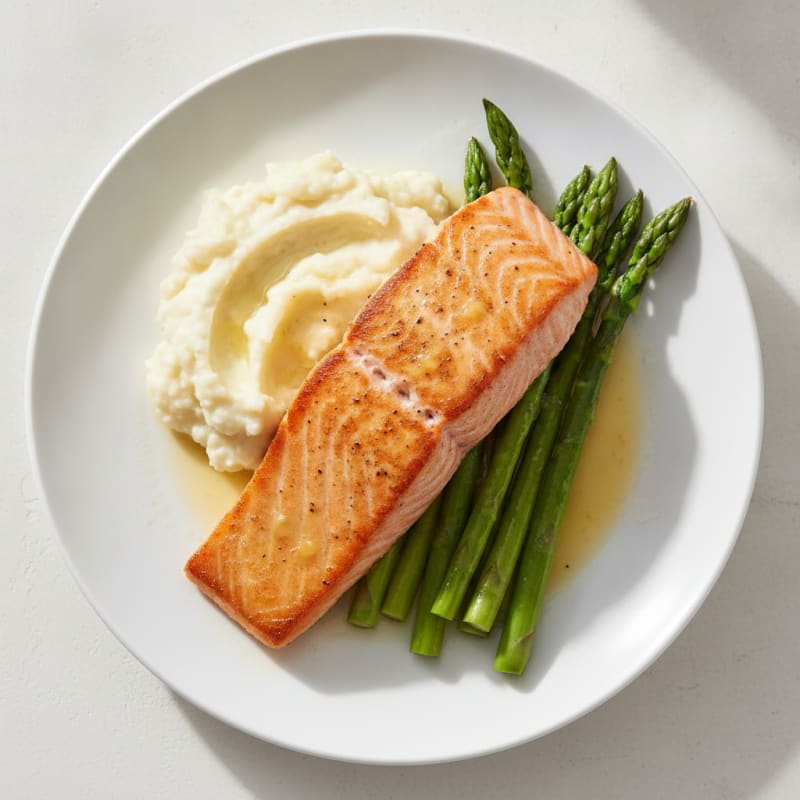 Seared Salmon with Steamed Asparagus and Garlic Mashed Cauliflower