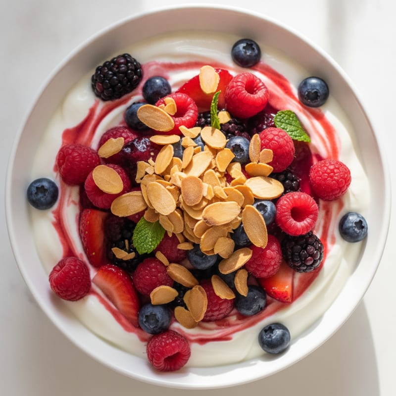 Greek Yogurt Protein Parfait with Mixed Berries and Almonds