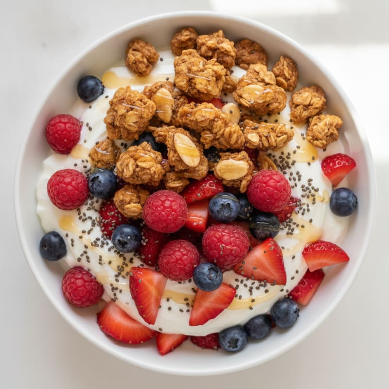 Greek Yogurt Parfait with Mixed Berries and Crunchy Almond Granola