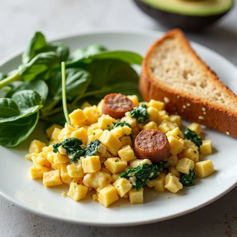 Egg White and Turkey Sausage Scramble with Cottage Cheese and Spinach