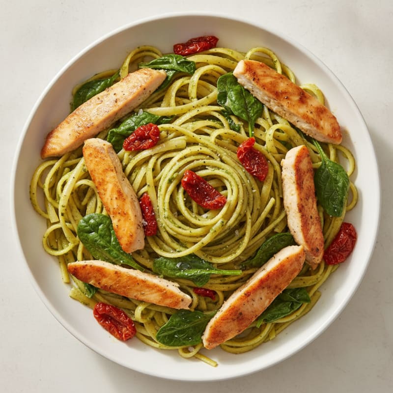 Pesto Chicken Linguine with Sun-Dried Tomatoes
