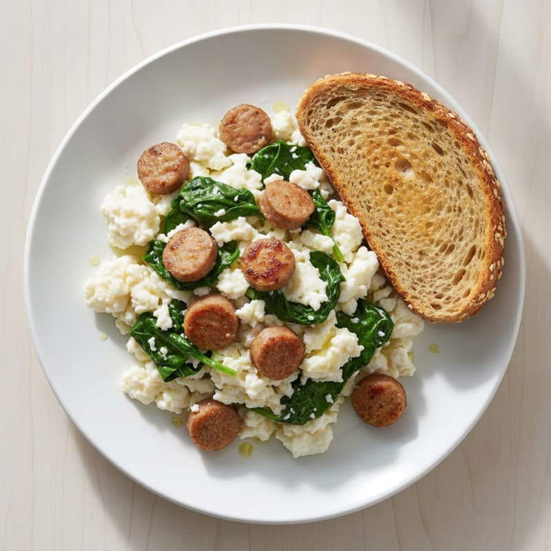 Egg White Scramble with Turkey Sausage and Sautéed Spinach