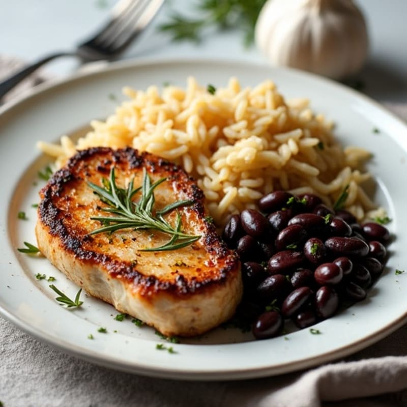 Garlic Herb Pan-Seared Pork Chops with Savory Black Beans and Fluffy Brown Rice