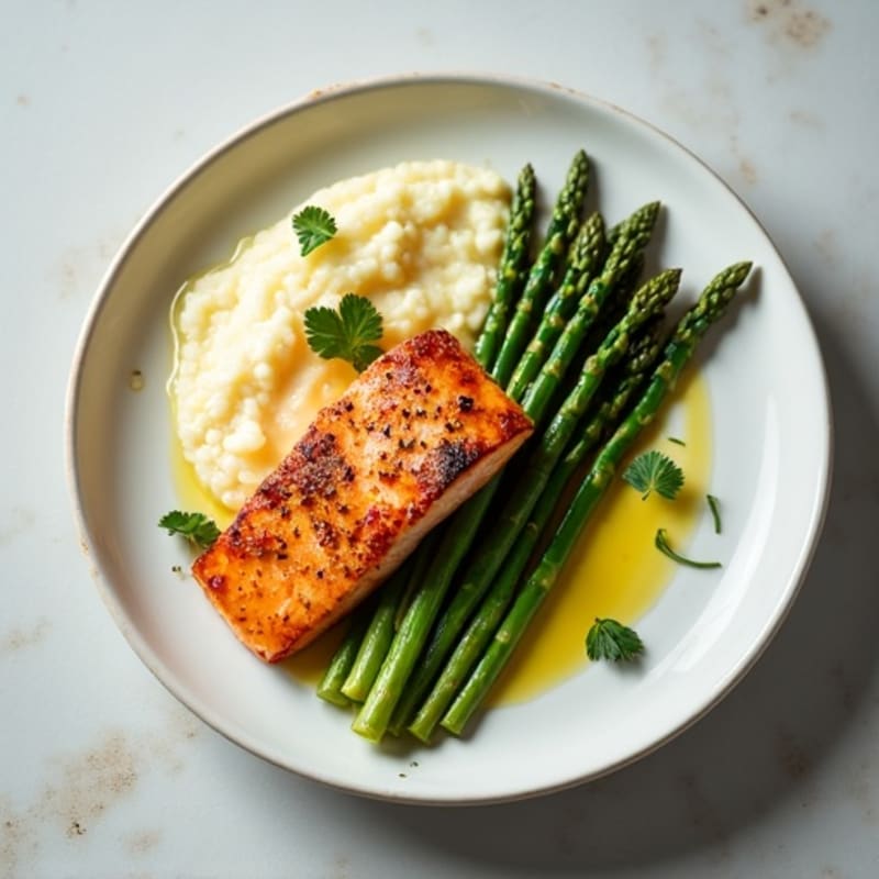 Seared Salmon with Steamed Asparagus and Cauliflower Mash