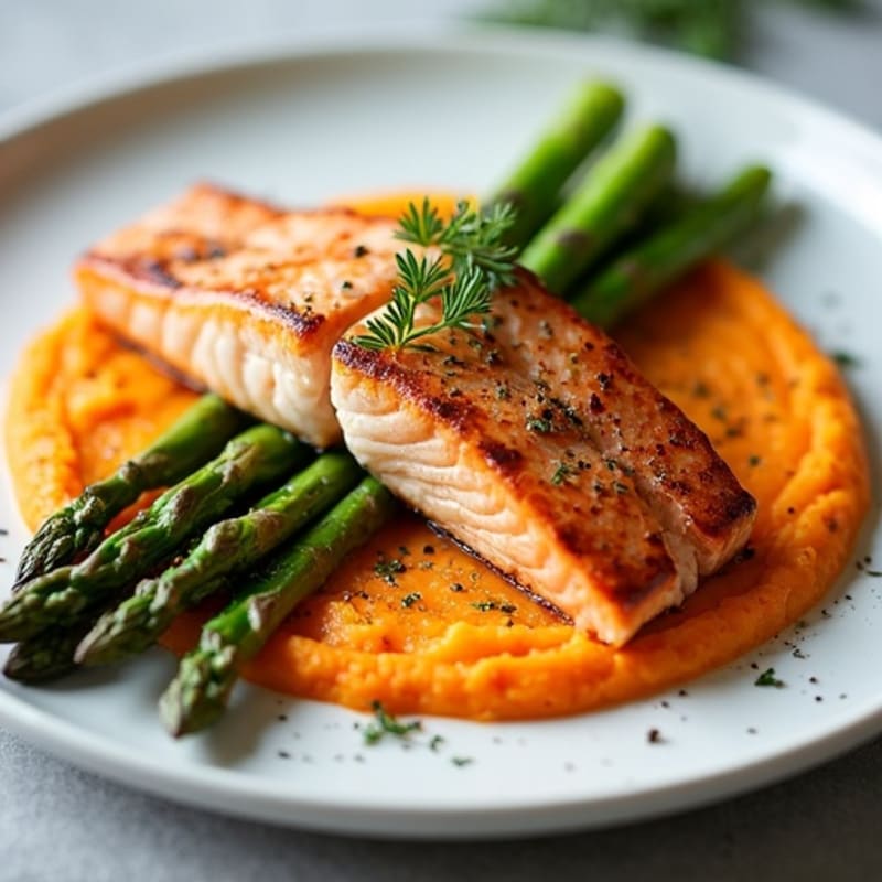 Seared Salmon with Roasted Asparagus and Sweet Potato Mash