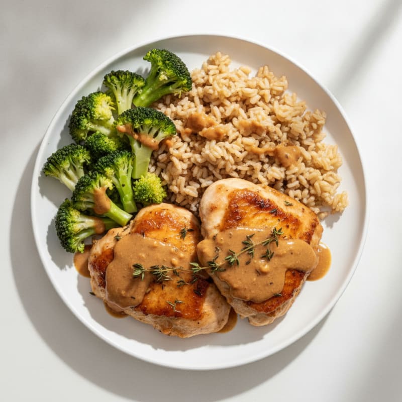 Herb-Seared Chicken Thighs with Steamed Broccoli and Brown Rice