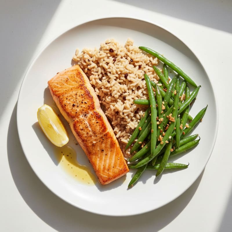 Seared Salmon with Garlic Green Beans and Brown Rice