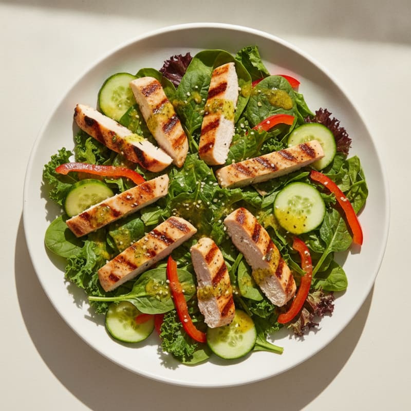 Grilled Chicken Breast Salad with Crunchy Cucumber and Red Pepper