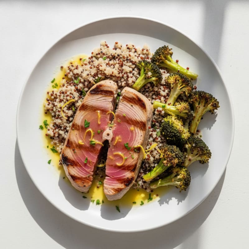 Grilled Tuna Steak with Quinoa and Roasted Broccoli