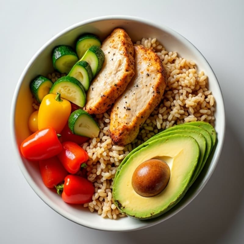 Garlic Chicken and Rice Power Bowl with Creamy Avocado and Sautéed Vegetables