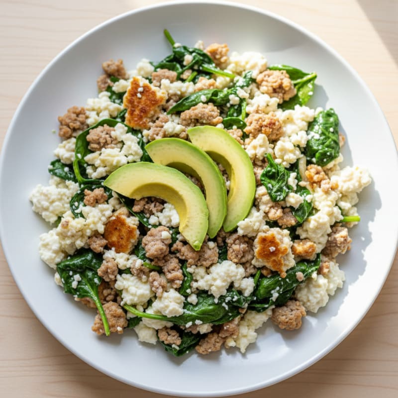 Cottage Cheese and Egg White Scramble with Sautéed Turkey and Spinach