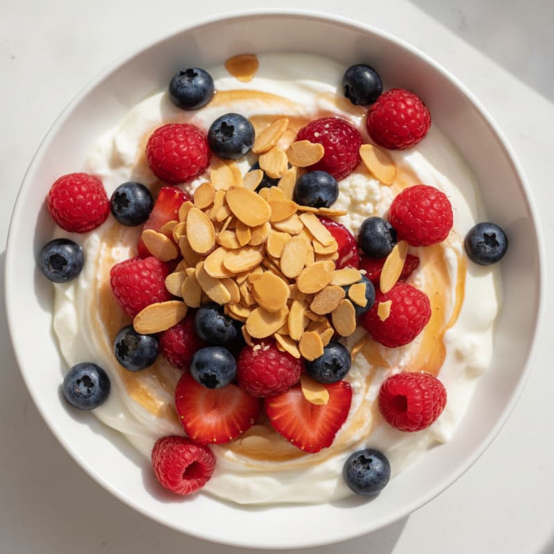 Protein Yogurt Parfait with Mixed Berries and Crunchy Almonds