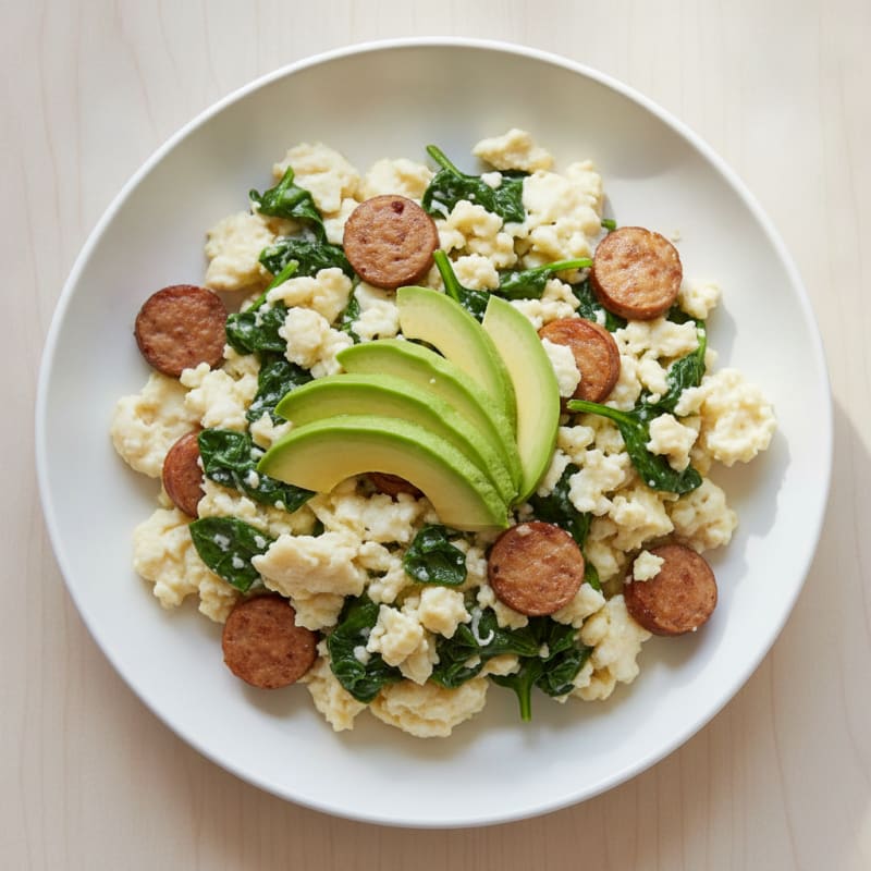 Egg White Scramble with Turkey Sausage and Sautéed Spinach