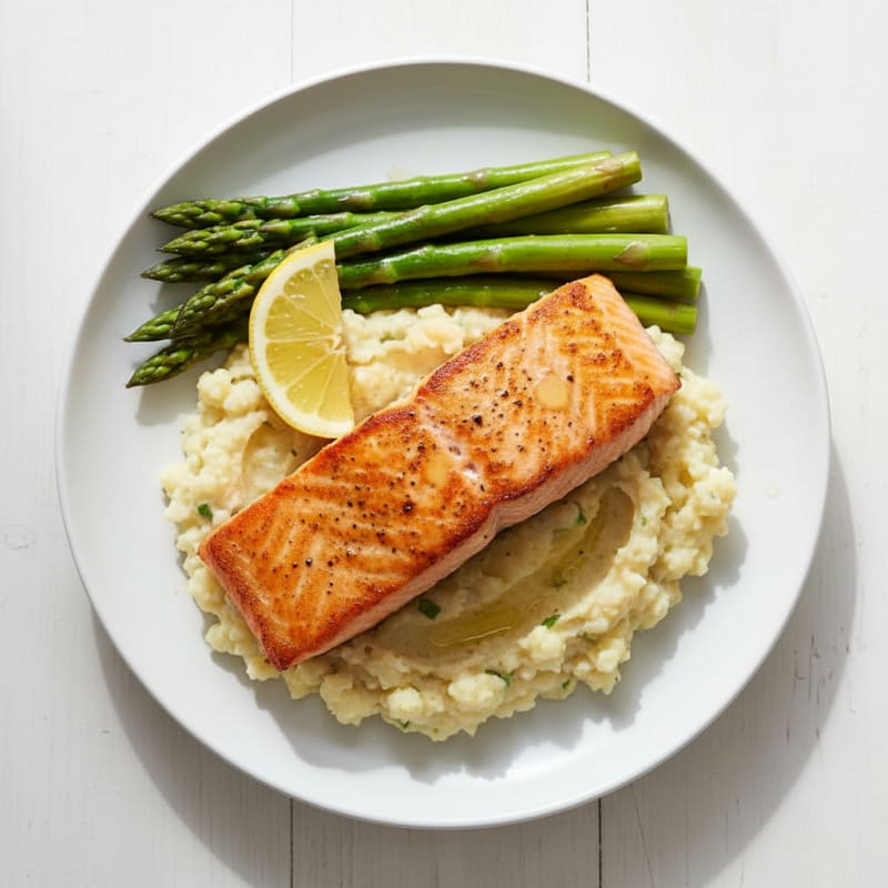 Seared Salmon with Steamed Asparagus and Cauliflower Mash