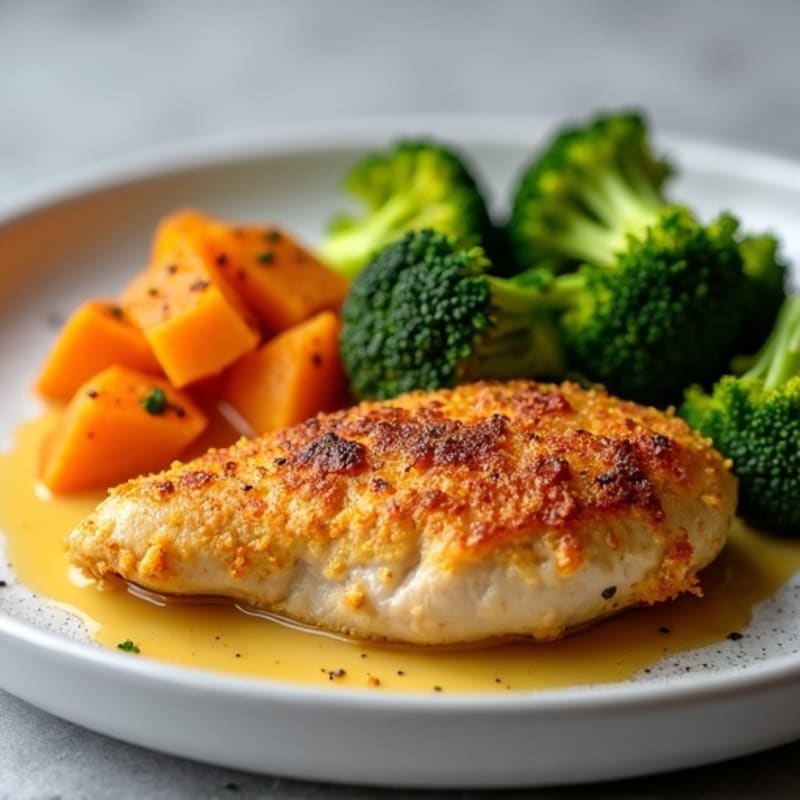 Crispy Baked Chicken Breast with Roasted Broccoli and Sweet Potato