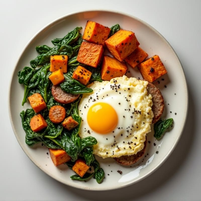 Egg White and Turkey Sausage Scramble with Spinach and Roasted Sweet Potato