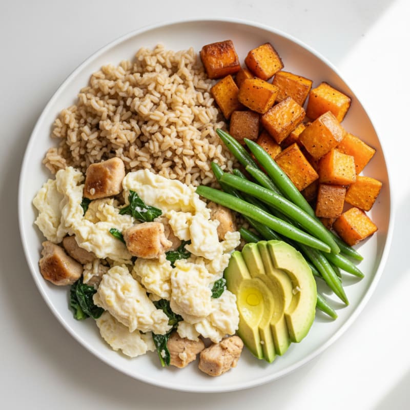 Egg White and Chicken Scramble with Brown Rice and Roasted Sweet Potatoes