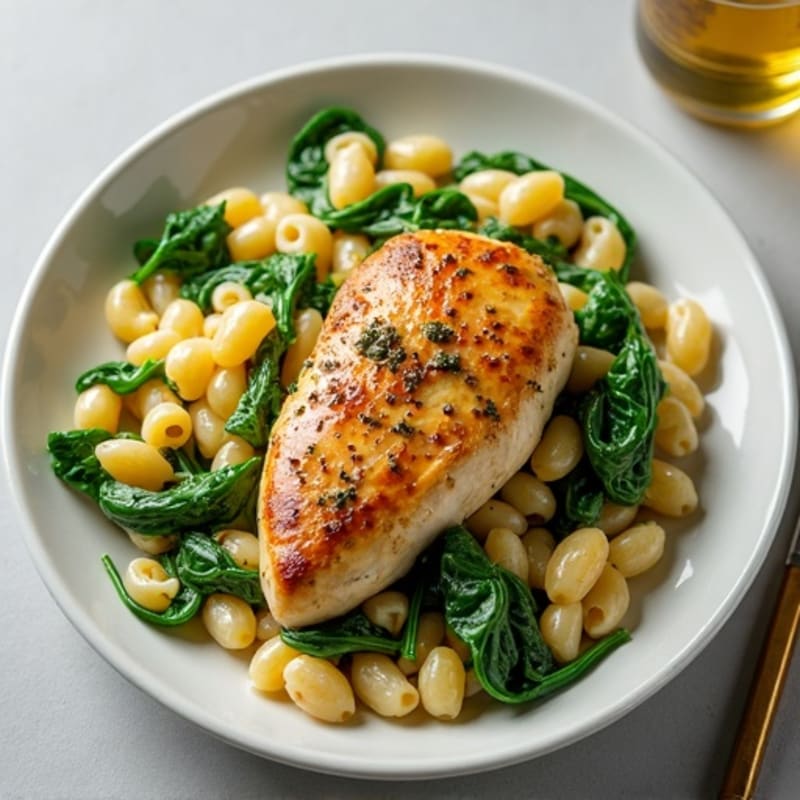 Roasted Chicken with Creamy Pesto Pasta and Fresh Spinach