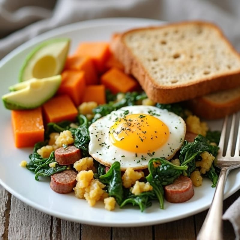 Egg White and Turkey Sausage Scramble with Spinach and Roasted Sweet Potato