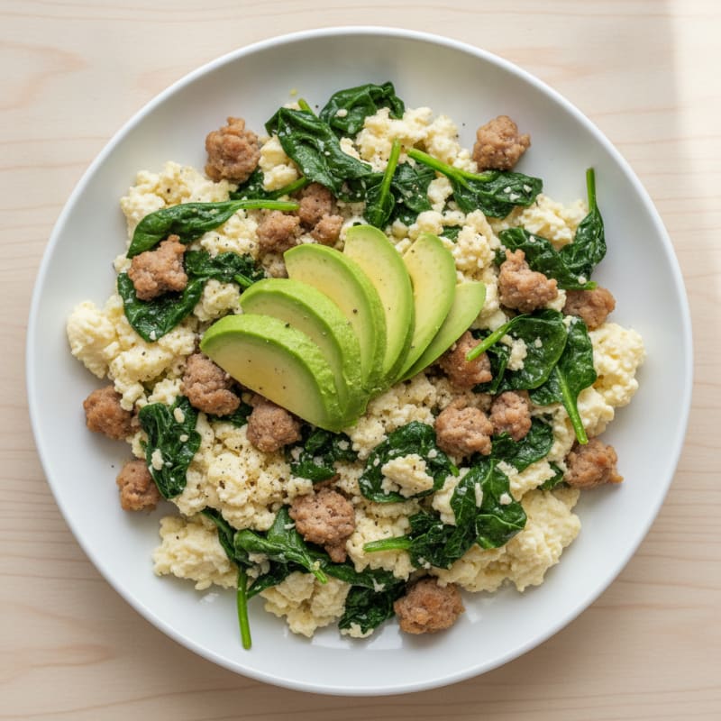 Egg White and Turkey Sausage Scramble with Sautéed Spinach