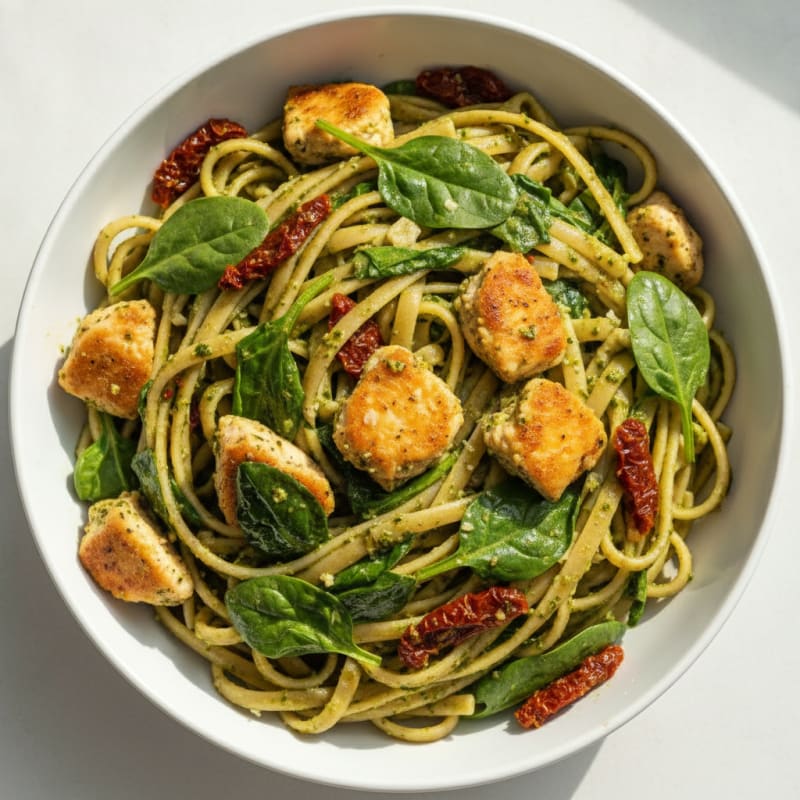 Pesto Chicken Linguine with Sun-Dried Tomatoes