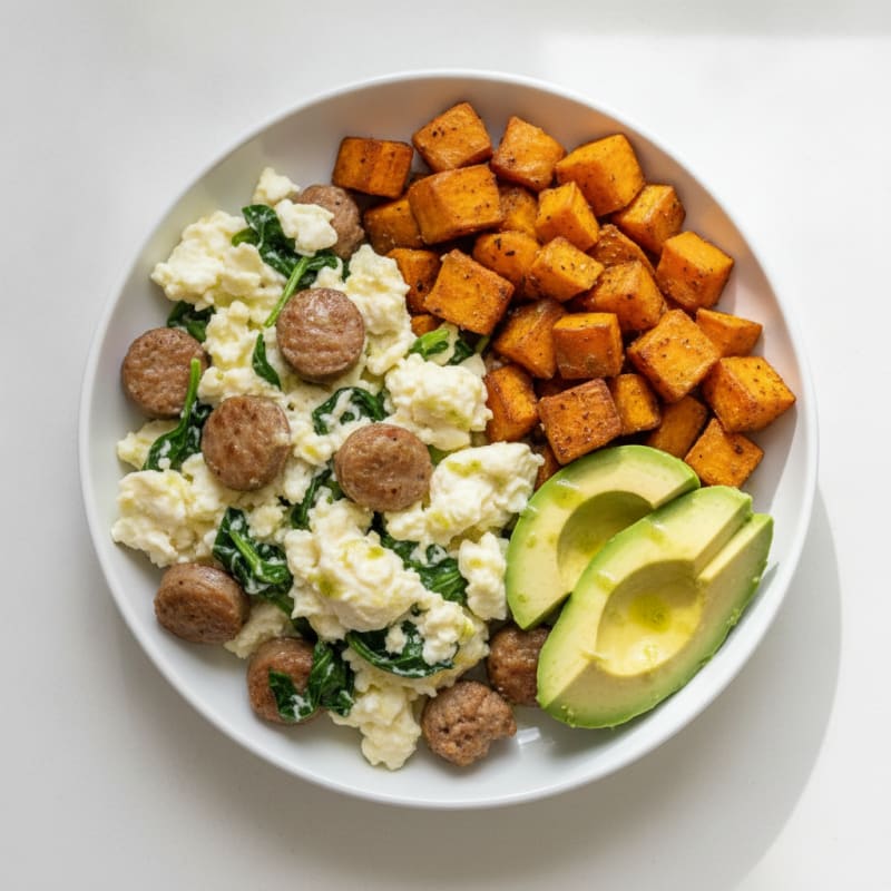 Scrambled Egg Whites with Turkey Sausage and Roasted Sweet Potatoes