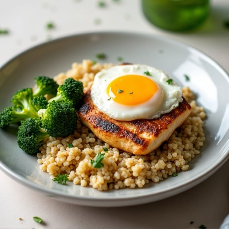 Grilled Chicken Breast with Quinoa, Roasted Broccoli & Poached Egg