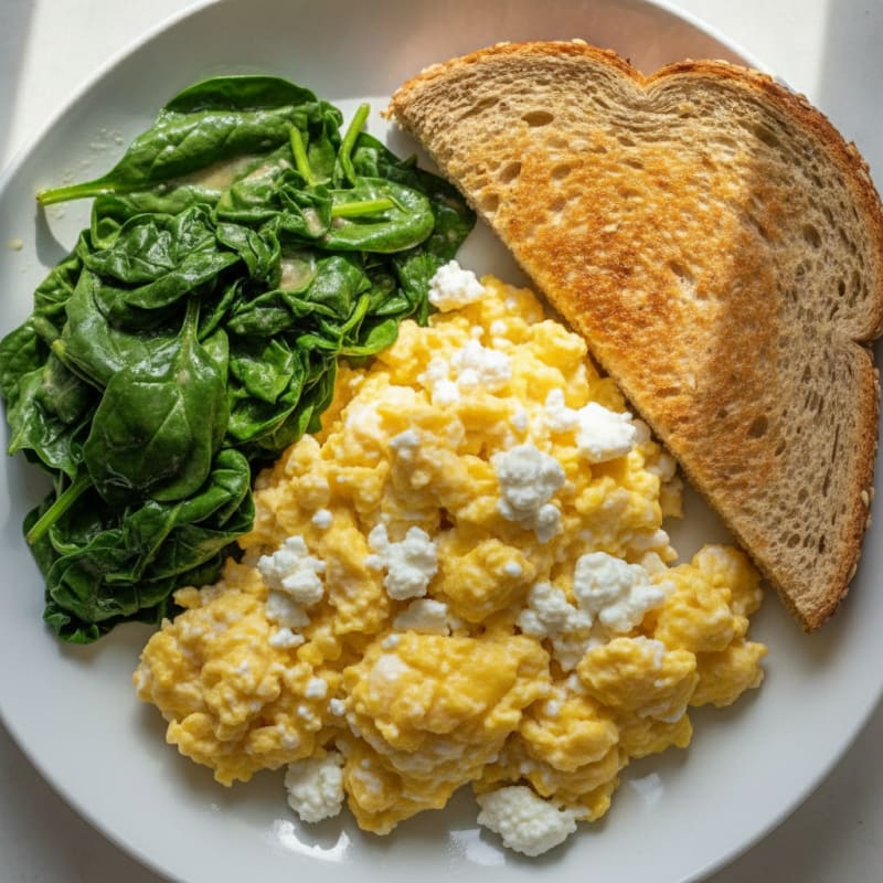 Fluffy Scrambled Eggs with Cottage Cheese and Sautéed Spinach