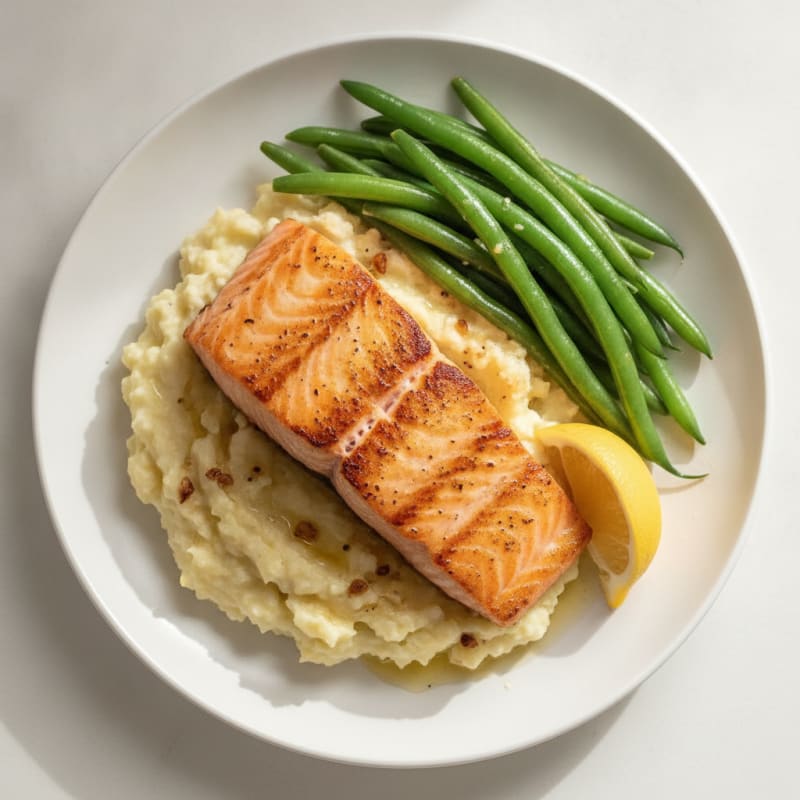 Seared Salmon Fillet with Steamed Green Beans and Garlic Mashed Cauliflower
