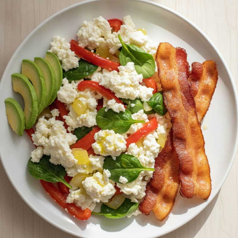 Egg White Veggie Scramble with Cottage Cheese and Turkey Bacon